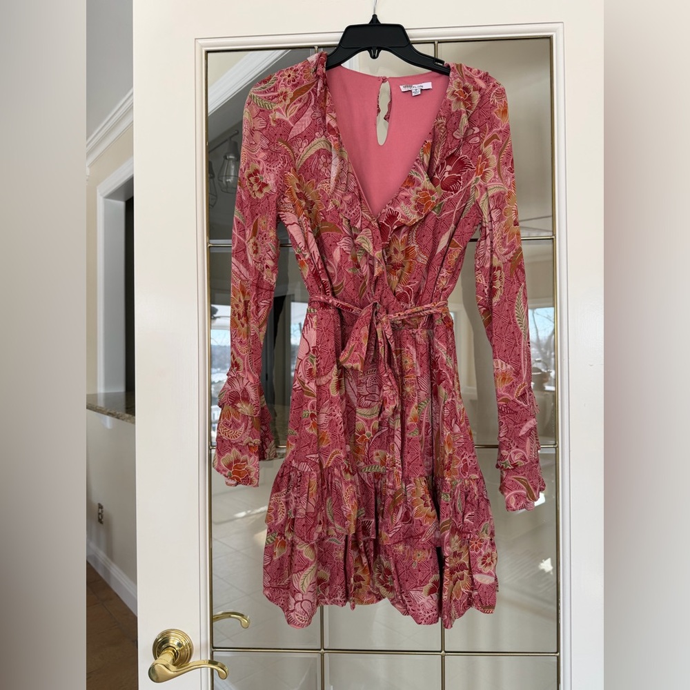 BTFL-Life floral ruffle long sleeve mini dress in a pink and red print